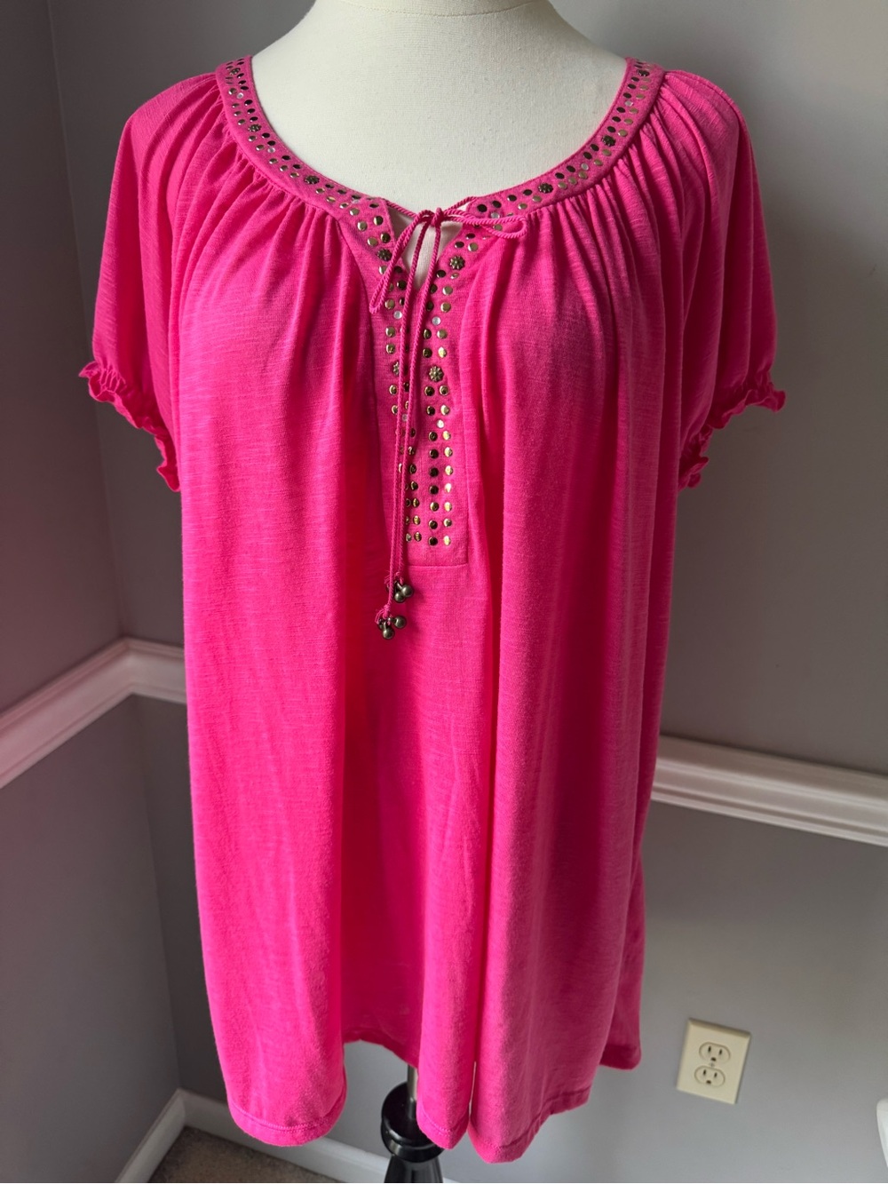 One Step Ahead Hot Pink Studded Tie-Neck Tunic